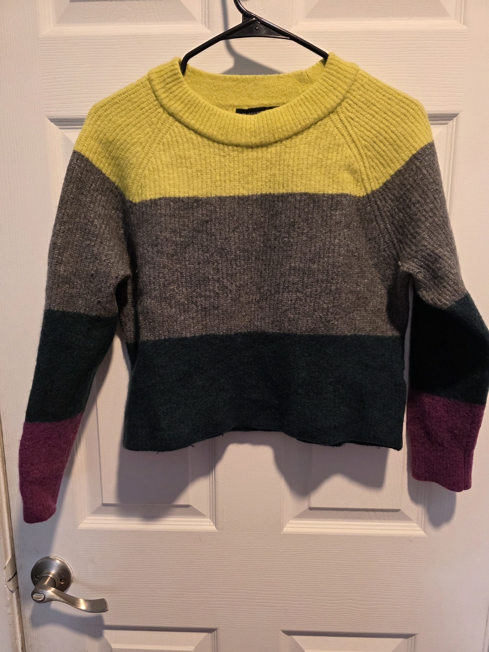 Banana Republic Colorblock Crewneck Sweater — Yellow, Gray, Green, Purple
